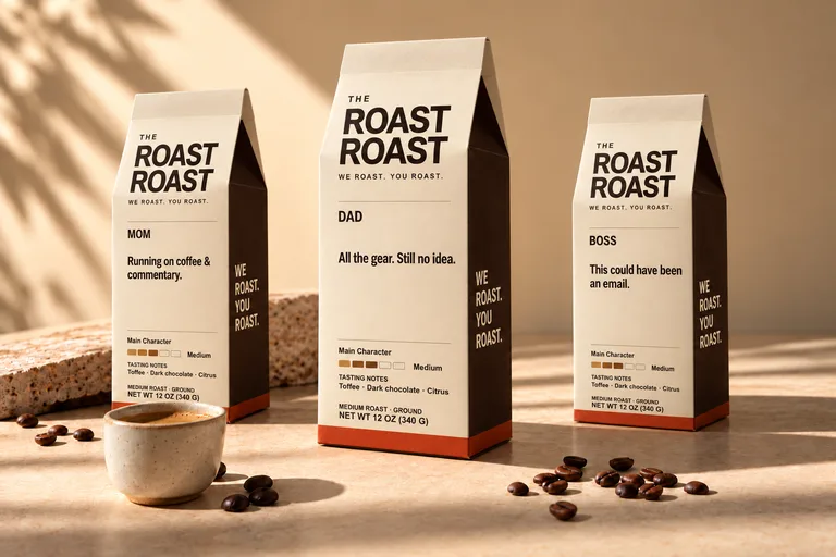 The Roast Roast personalized Mom, Dad and Boss coffee cartons beside a cup of coffee